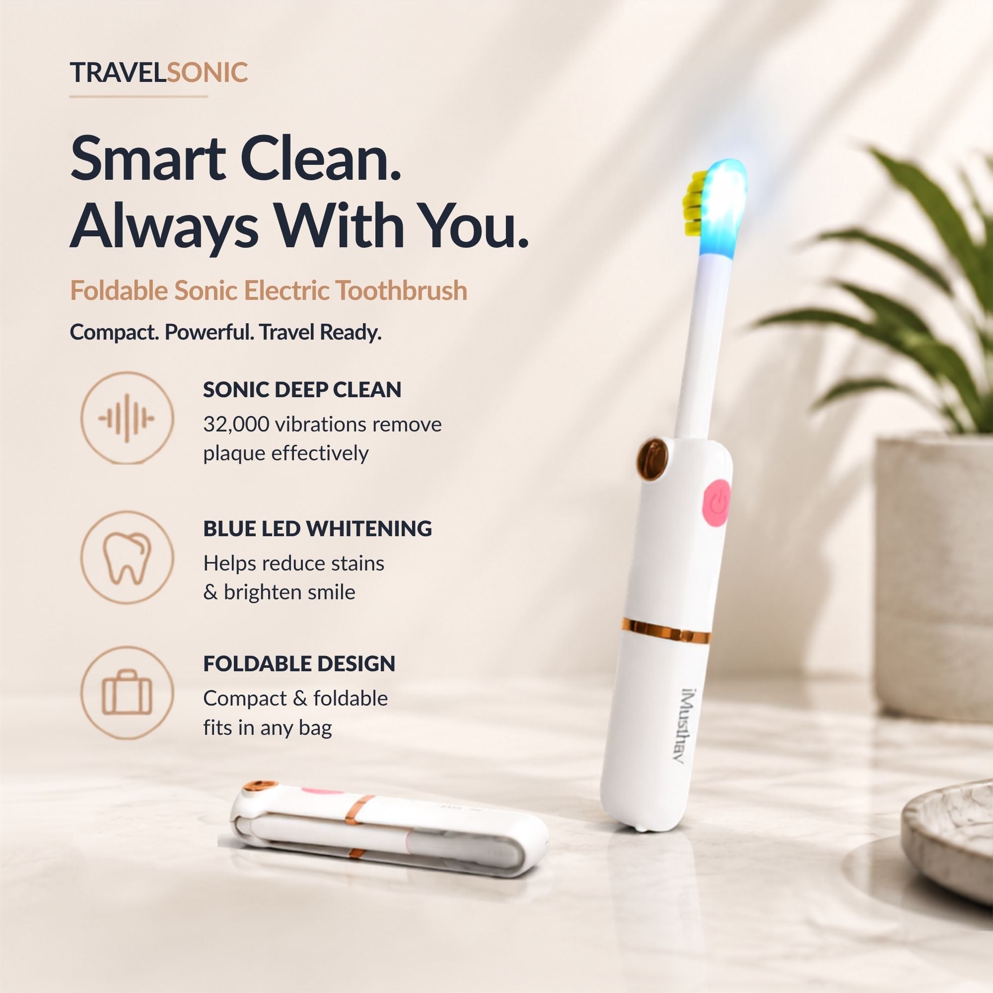 iMusthav TravelSonic Foldable Sonic Electric Toothbrush with Whitening LED