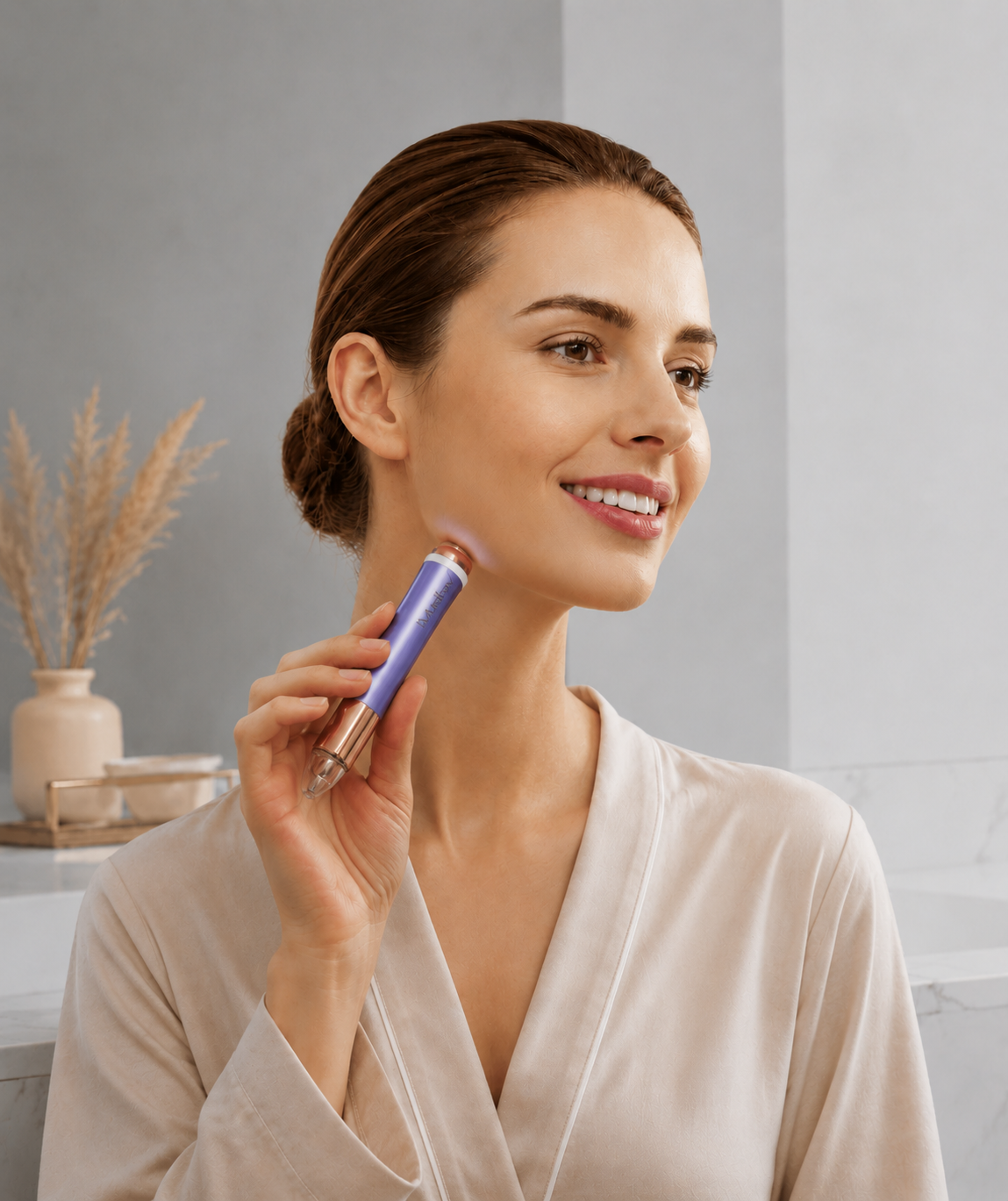 Woman using a imusthav MV450 facial hair removal device in front of a mirror with a marble wall.