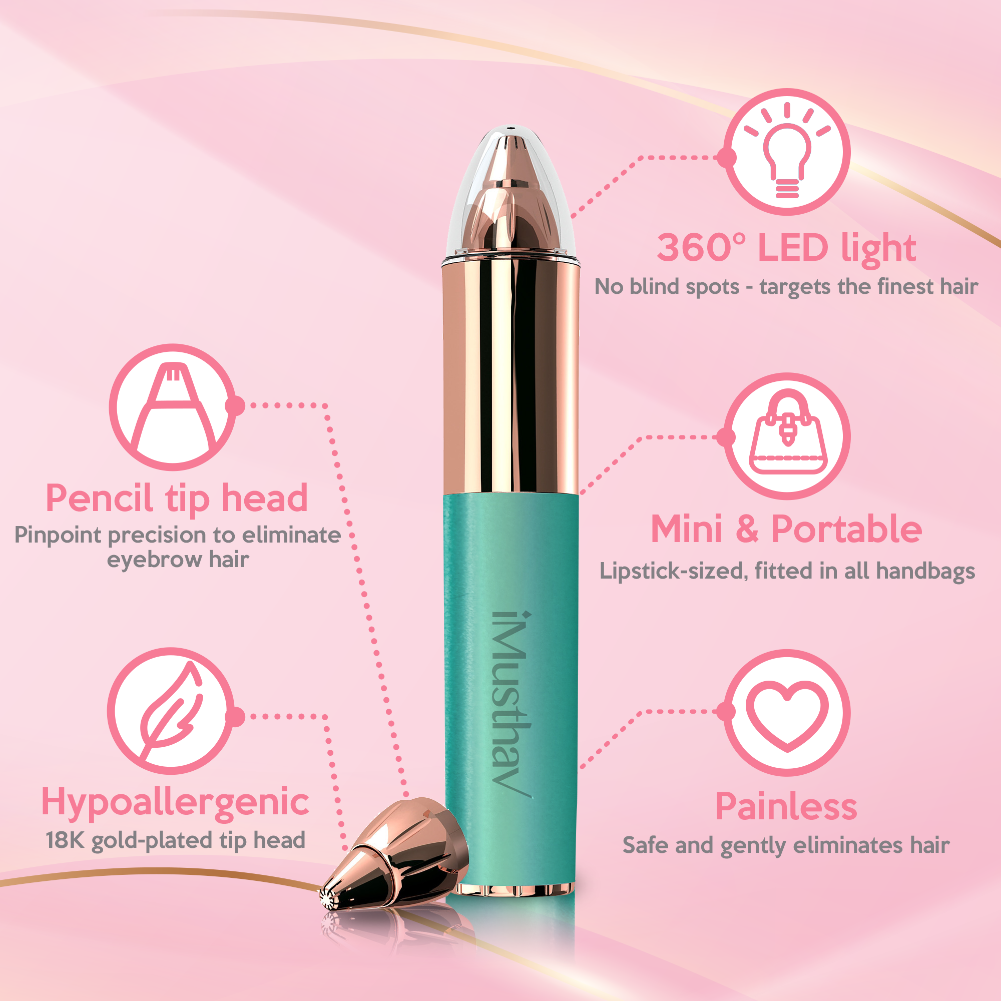 iMusthav Eyebrow Hair Remover for Women | 18K Gold-Plated Head | 360° LED Light Portable Painless Epilator