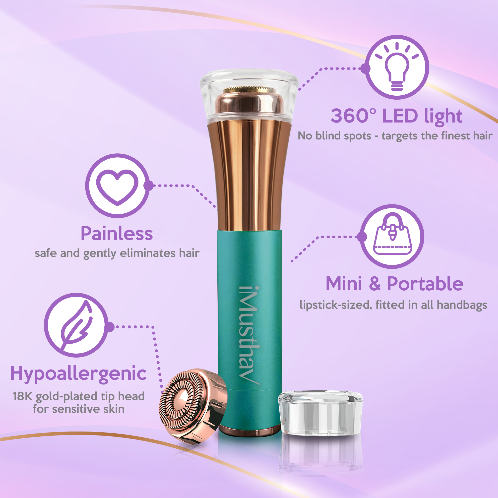 iMusthav Facial Hair Remover for Women – Painless 16mm Dual Ring Floating Head Blade, Portable, Electric Razor & Epilator for Flawless Face, Lips & Chin – with 18K Gold-Plated Head, 360° LED Light