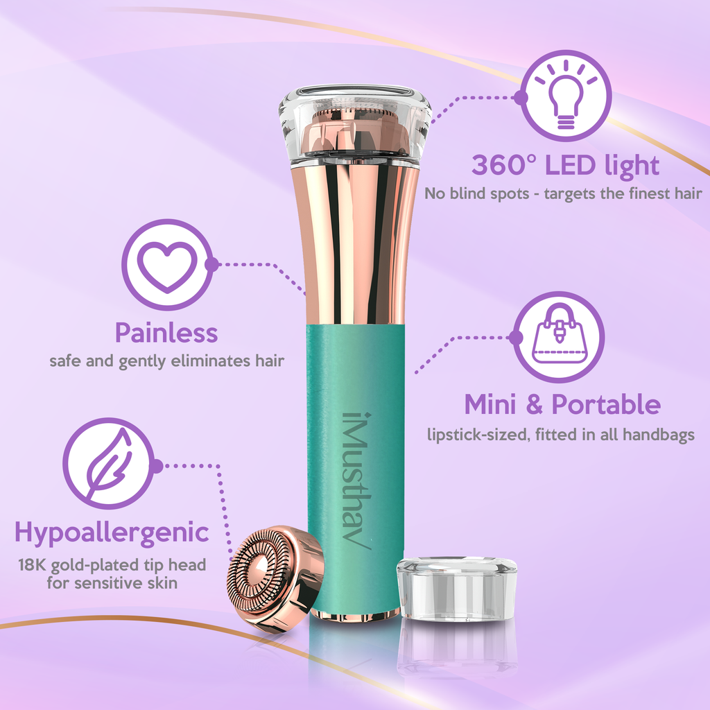 iMusthav Facial Hair Remover for Women – Painless 16mm Dual Ring Floating Head Blade, Portable, Electric Razor & Epilator for Flawless Face, Lips & Chin – with 18K Gold-Plated Head, 360° LED Light