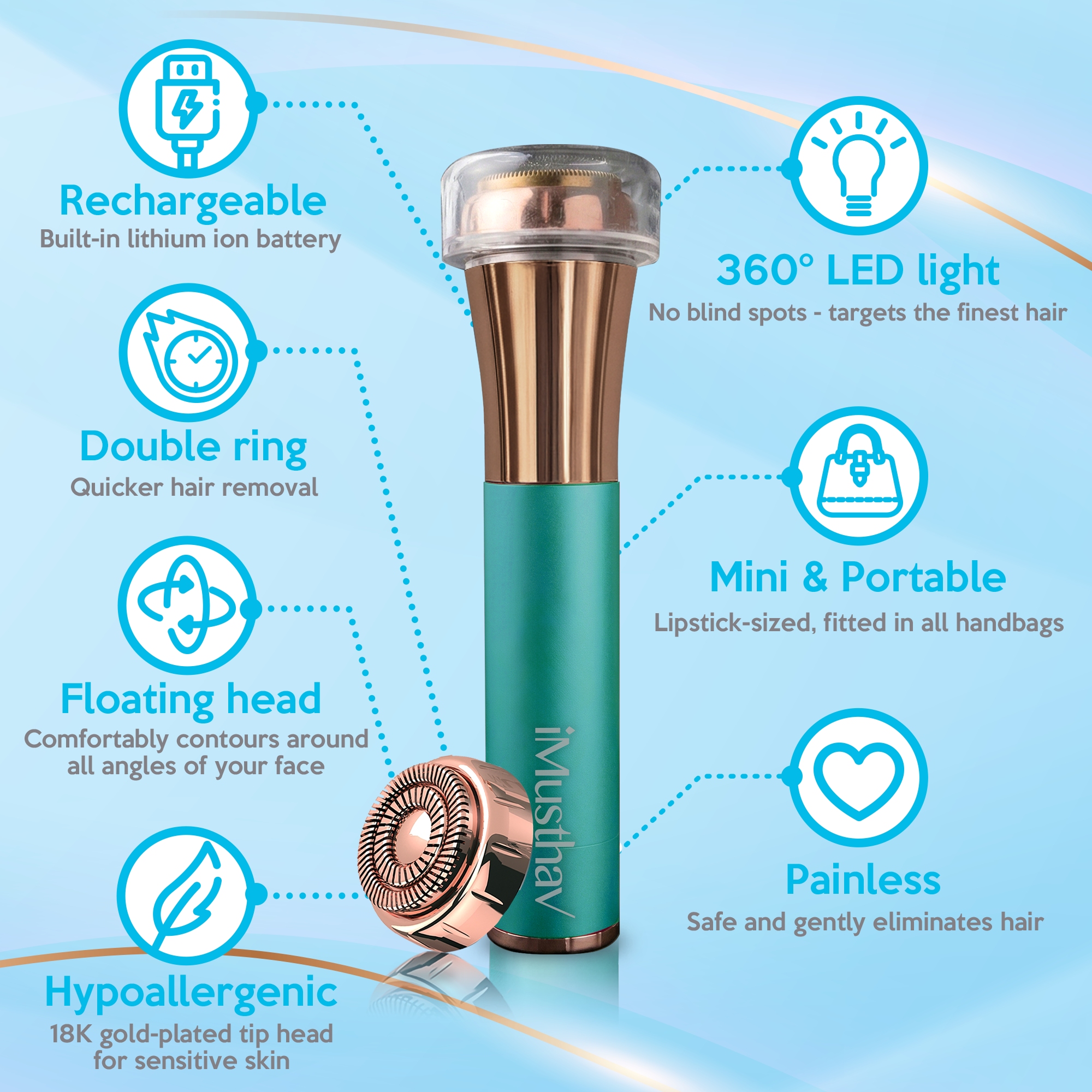 iMusthav Facial Hair Remover for Women | 18K Gold 20mm Dual Ring Head | 360° LED Light USB Rechargeable