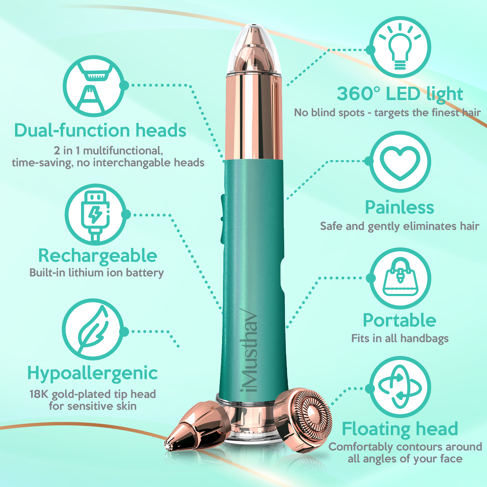iMusthav 2 in 1 Eyebrow and Facial Hair Remover for Women Painless Electric Razor Epilator Trimmer Shaver with 18K Gold-Plated, USB Rechargeable, 360° LED for Flawless Eyebrow and Face Hair Removal