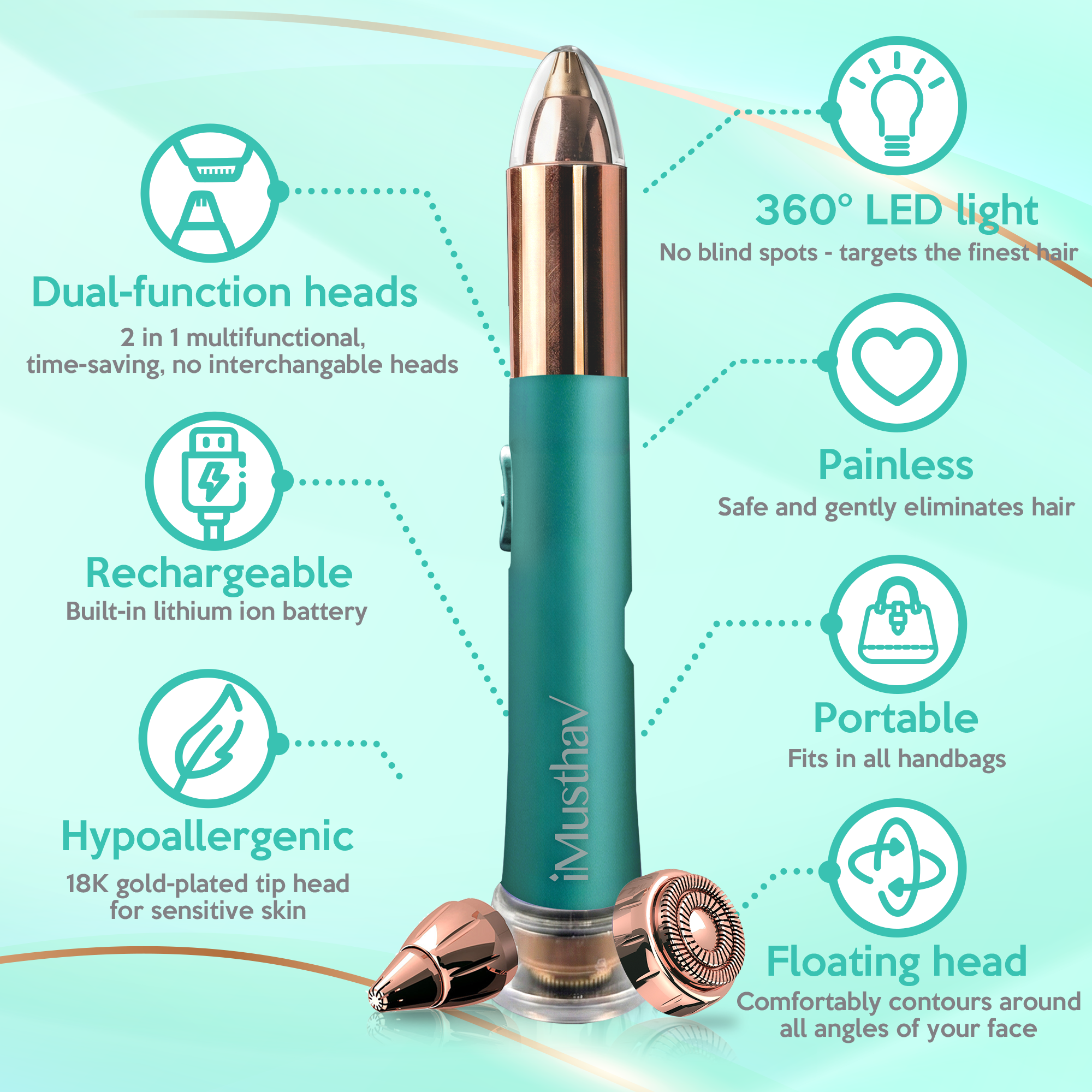iMusthav 2 in 1 Eyebrow and Facial Hair Remover for Women Painless Electric Razor Epilator Trimmer Shaver with 18K Gold-Plated, USB Rechargeable, 360° LED for Flawless Eyebrow and Face Hair Removal