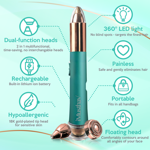 iMusthav 2 in 1 Eyebrow and Facial Hair Remover for Women Painless Electric Razor Epilator Trimmer Shaver with 18K Gold-Plated, USB Rechargeable, 360° LED for Flawless Eyebrow and Face Hair Removal