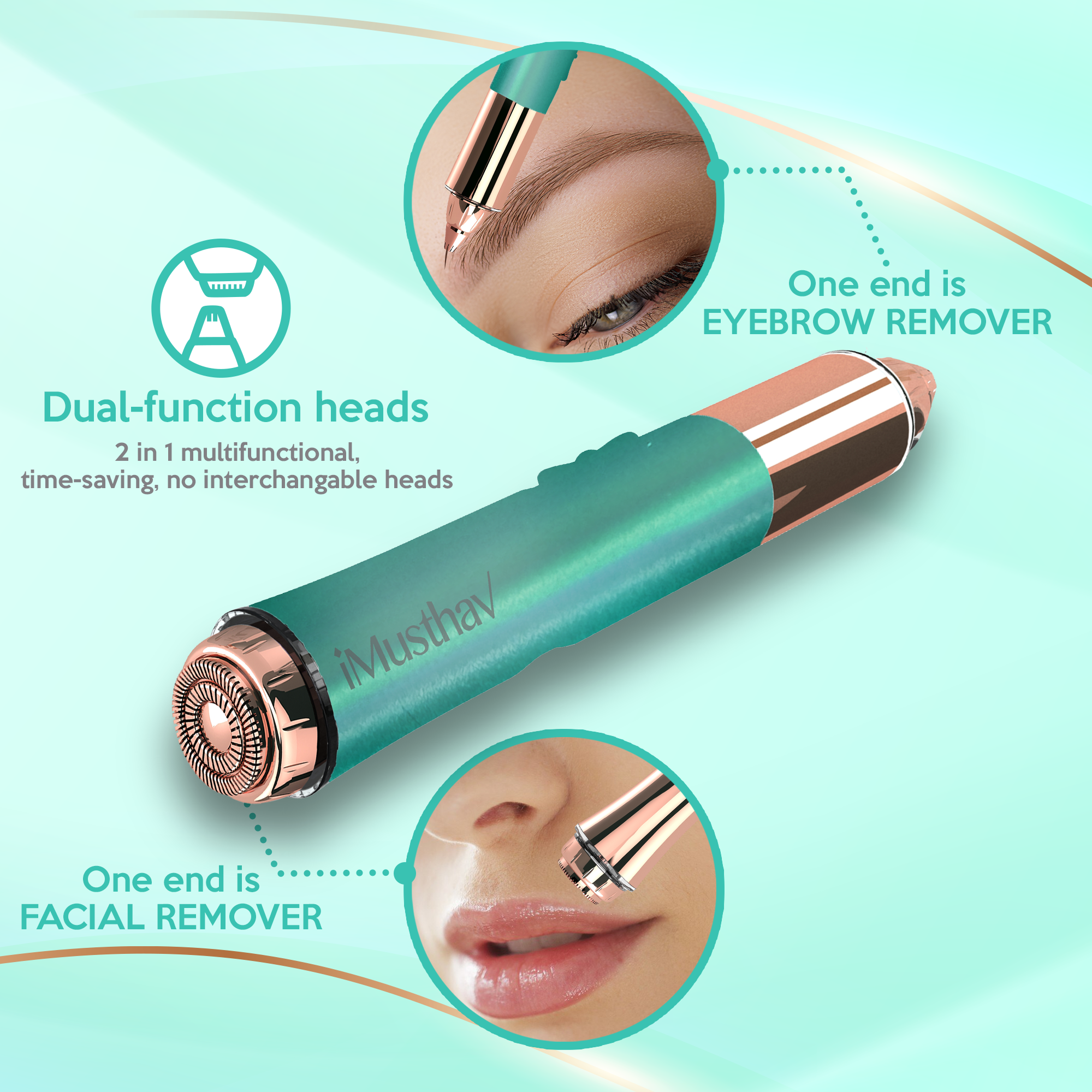 iMusthav 2 in 1 Eyebrow and Facial Hair Remover for Women Painless Electric Razor Epilator Trimmer Shaver with 18K Gold-Plated, USB Rechargeable, 360° LED for Flawless Eyebrow and Face Hair Removal