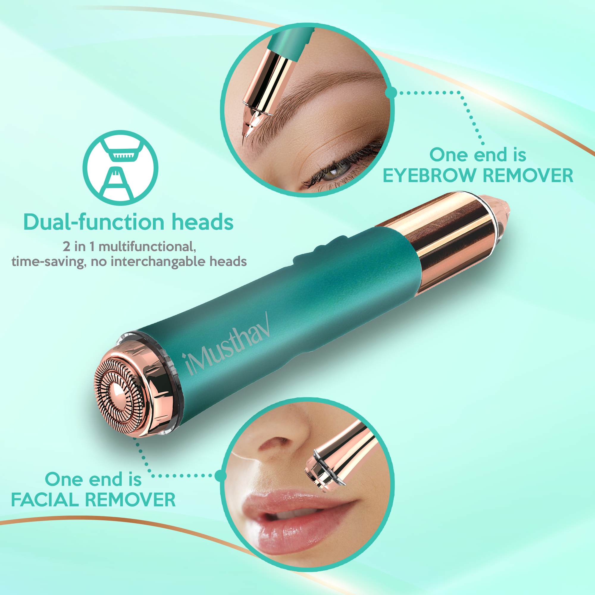 iMusthav 2 in 1 Eyebrow and Facial Hair Remover for Women Painless Electric Razor Epilator Trimmer Shaver with 18K Gold-Plated, USB Rechargeable, 360° LED for Flawless Eyebrow and Face Hair Removal