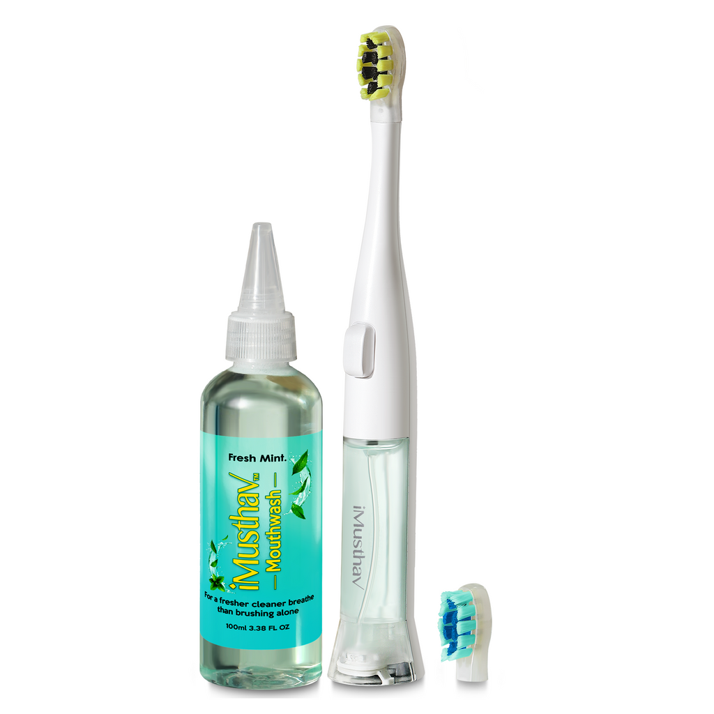 iMusthav SonicPump Electric Toothbrush – Battery Operated with Built-in Mouthwash Reservoir & Pump, Gentle Bristles 3 Sonic Mode, Smart Timer for Fresh Breath & Daily Oral Hygiene
